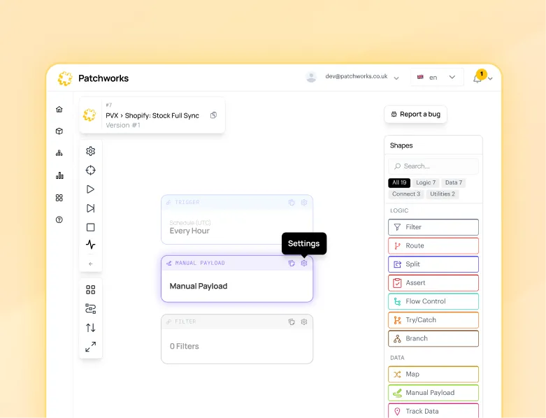 Patchworks process flow builder — Shopify stock full sync with shapes panel