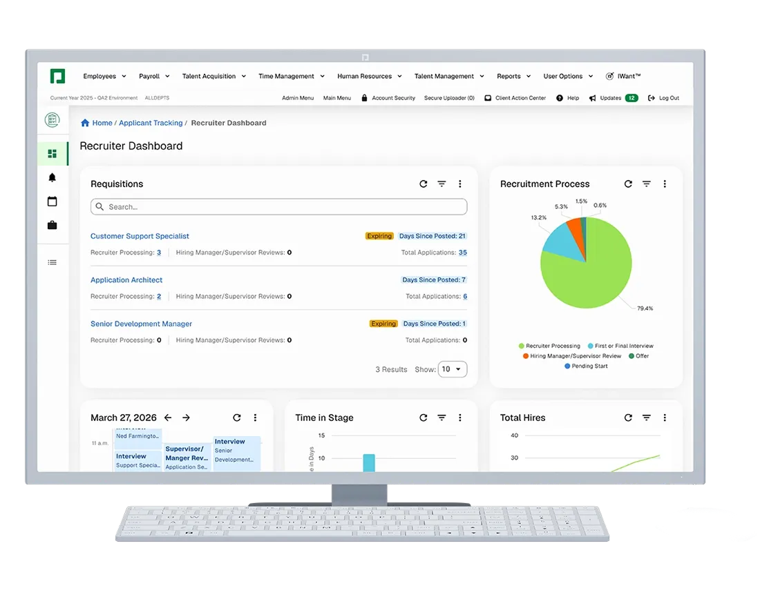 Applicant Tracking recruiter dashboard with requisitions and recruitment-process breakdown