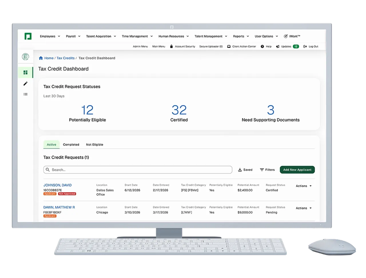 Tax Credit Dashboard showing potentially-eligible, certified and pending WOTC requests