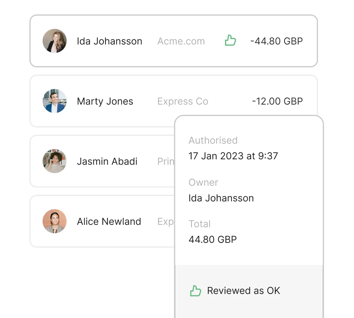 Expense review list with authorised transaction detail panel