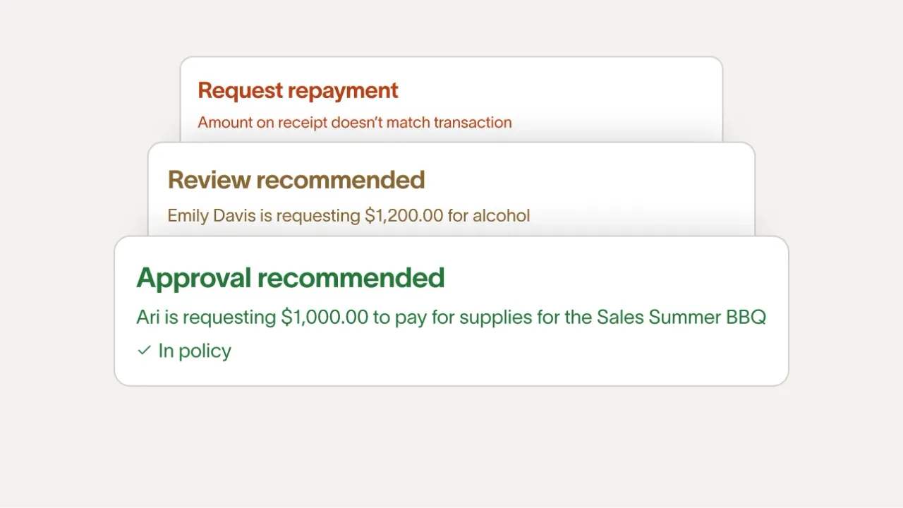 Recommended actions for expense approvals and repayment requests