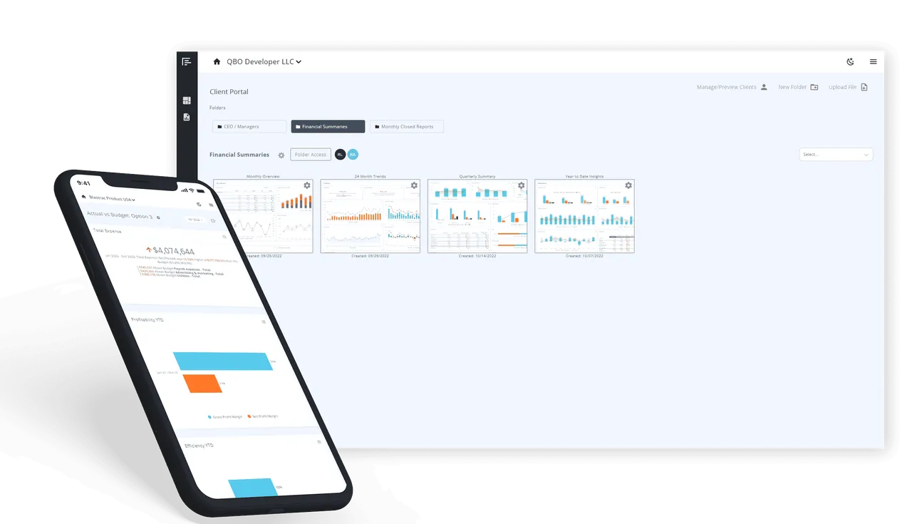 Client portal showing folders of shared dashboards and a mobile report view