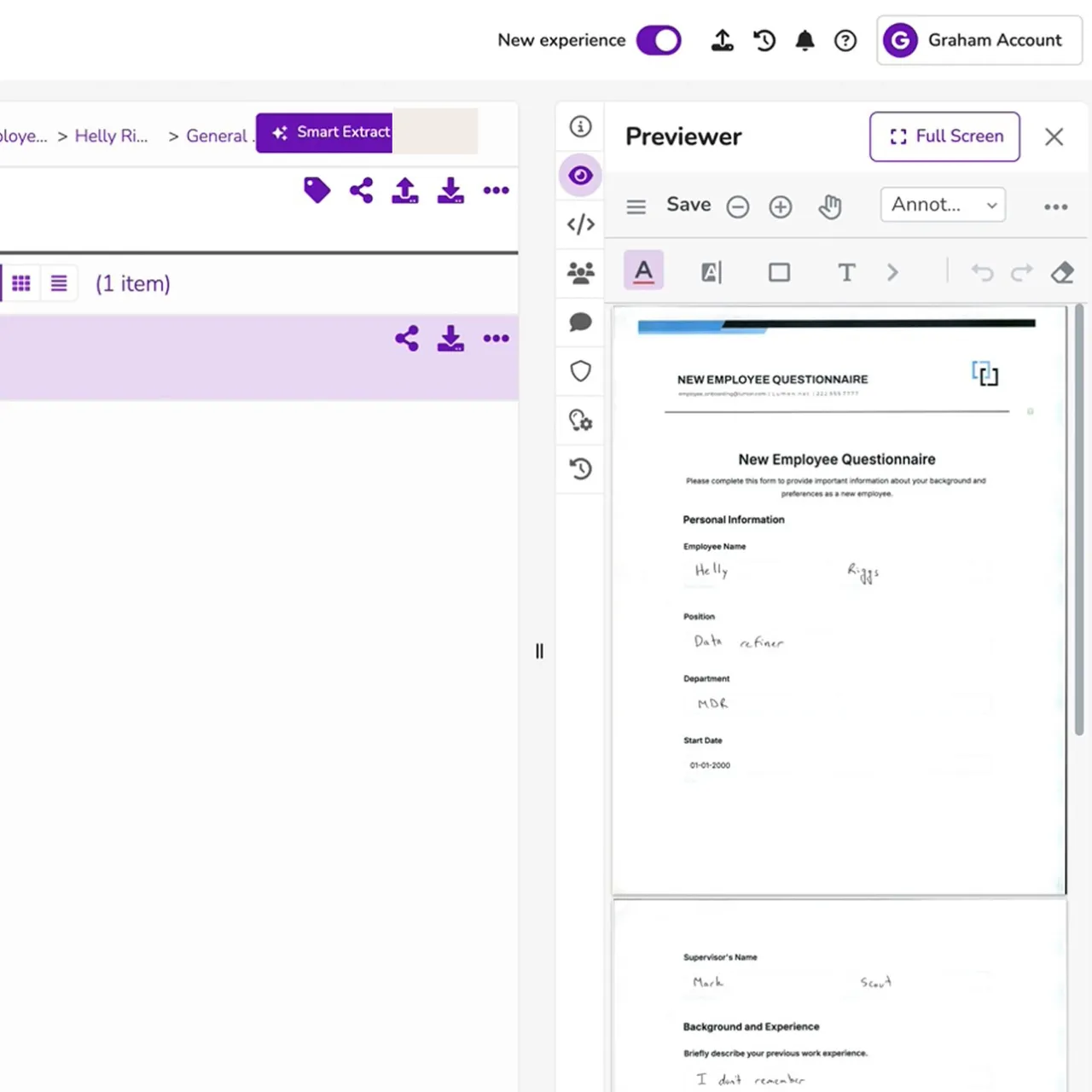Smart Extract document previewer reading a handwritten employee questionnaire