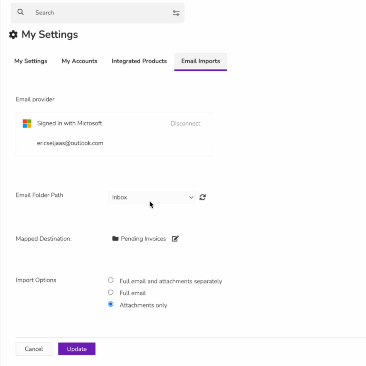 Email Imports settings mapping inbound email attachments to a Revver destination folder