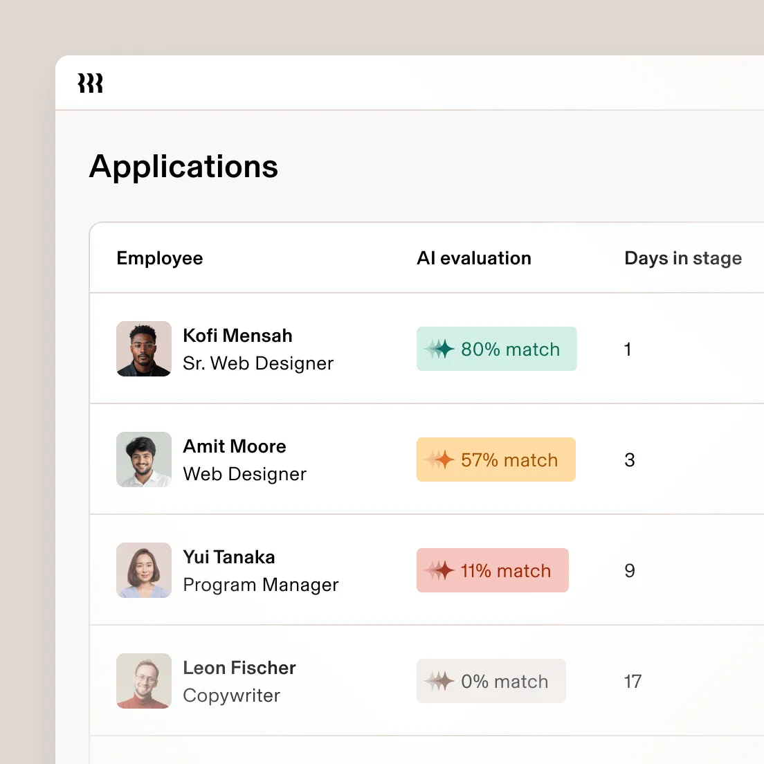Applications list with AI match-score evaluation per candidate