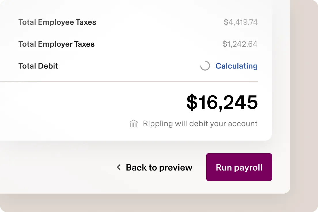 Employee pay detail with automatic tax calculations and run payroll action