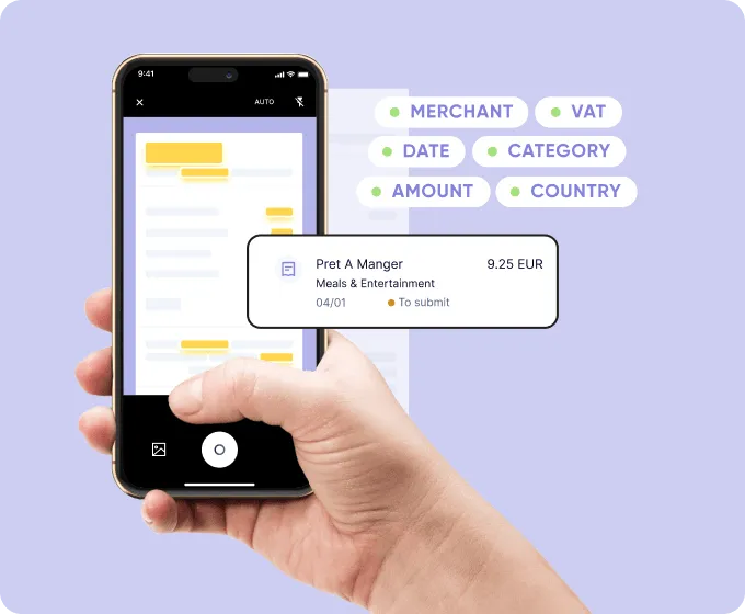 Receipt scanning with auto-extracted merchant, VAT, date and amount