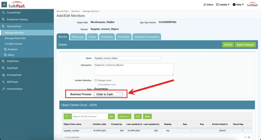 MonitorPaaS monitor setup screen mapping objects to business processes