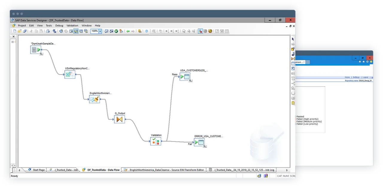 SAP Data Services Designer showing a data flow with source, transform and target objects