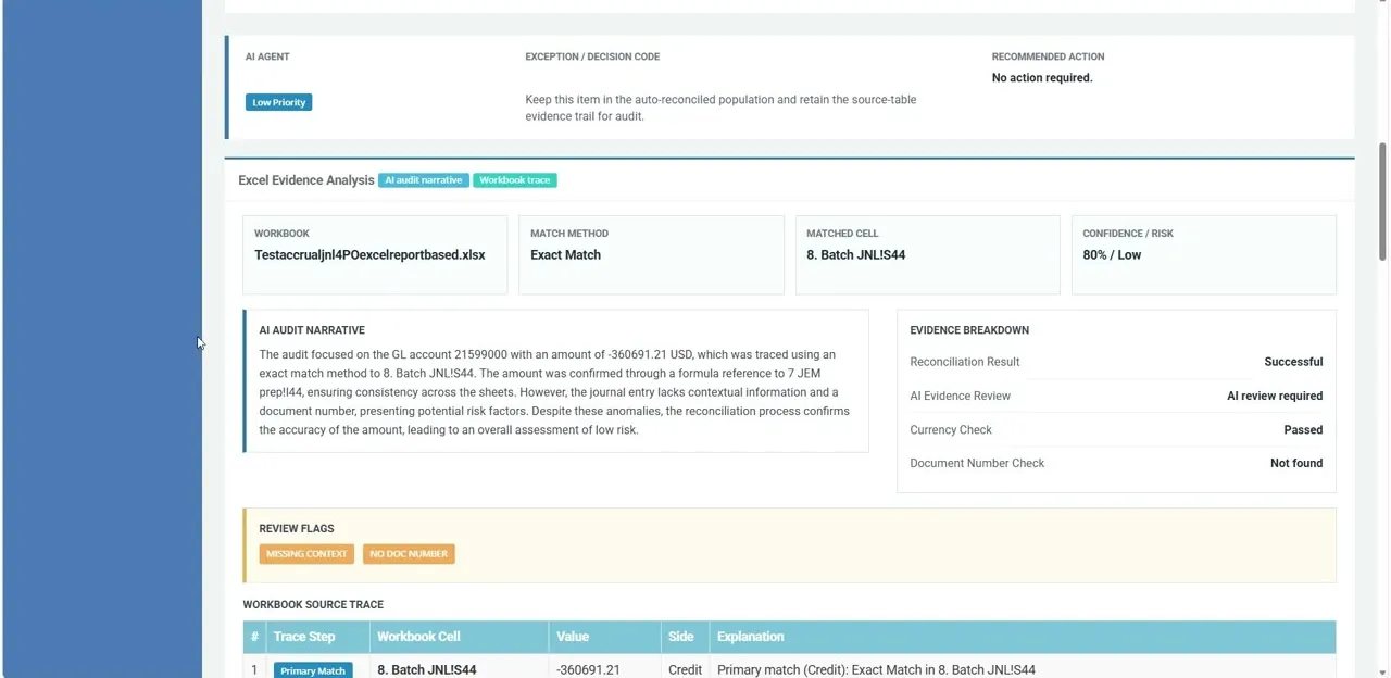 AI agent recommendation and Excel evidence analysis with audit narrative, confidence rating and workbook source trace
