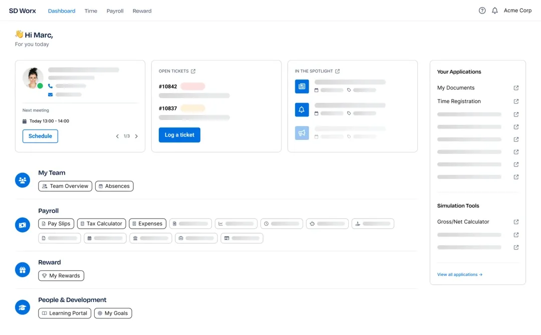 SD Worx connected payroll and HR platform dashboard