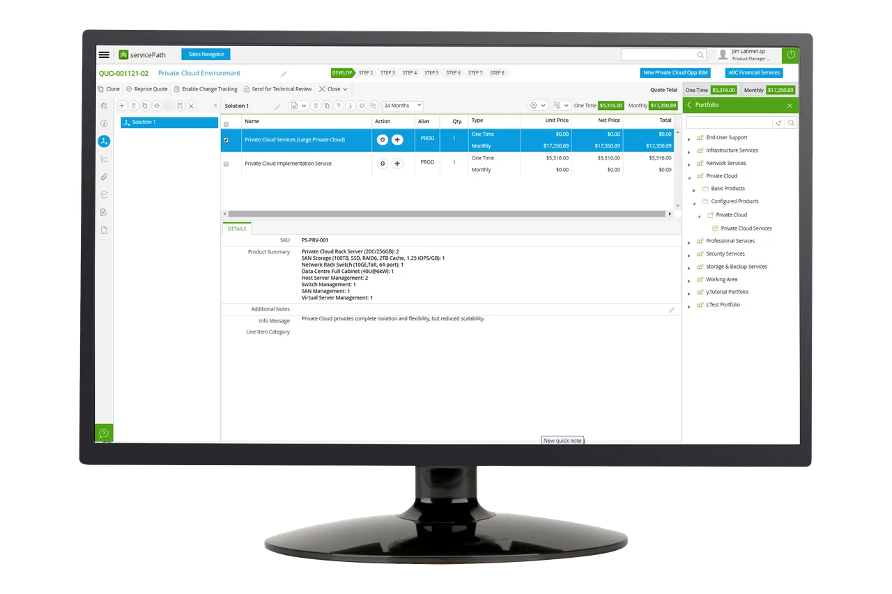 servicePath CPQ+ quote builder with line items and product portfolio panel