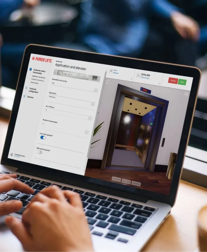 Tacton CPQ guided elevator configurator with live visualization and pricing