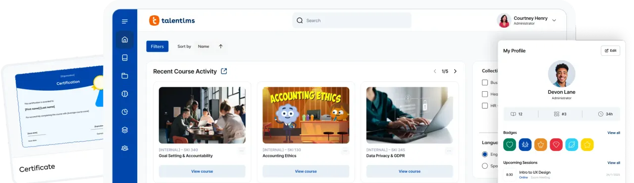Learner course catalog with certificates and profile view