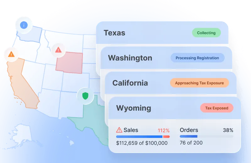 Nexus tracking screen with US state map and tax calculation status