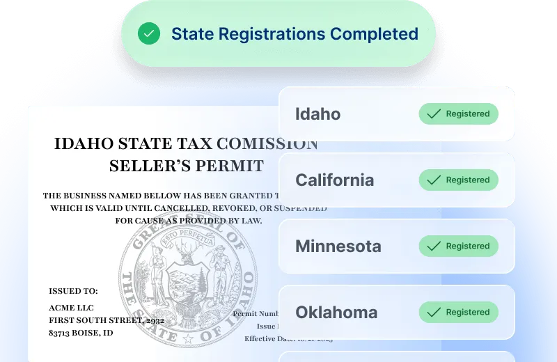 State registrations screen showing completed sales tax registrations
