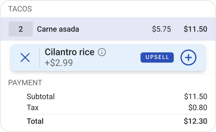 Order check with line items, an upsell prompt, and subtotal/tax/total