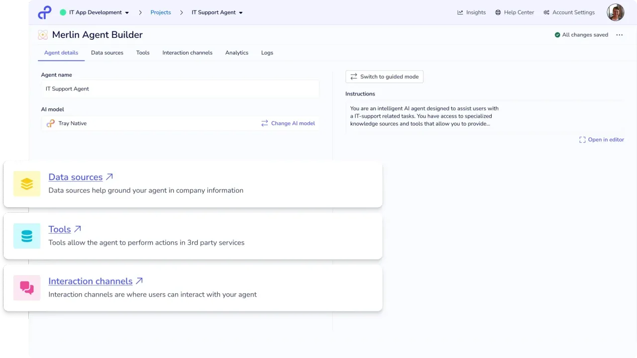 Tray Merlin Agent Builder showing agent details, data sources, tools and interaction channels