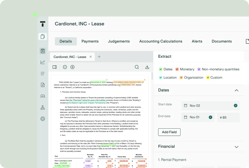 Revenue recognition workspace with AI-extracted contract data