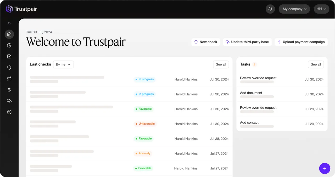 Trustpair dashboard showing recent vendor checks and pending tasks