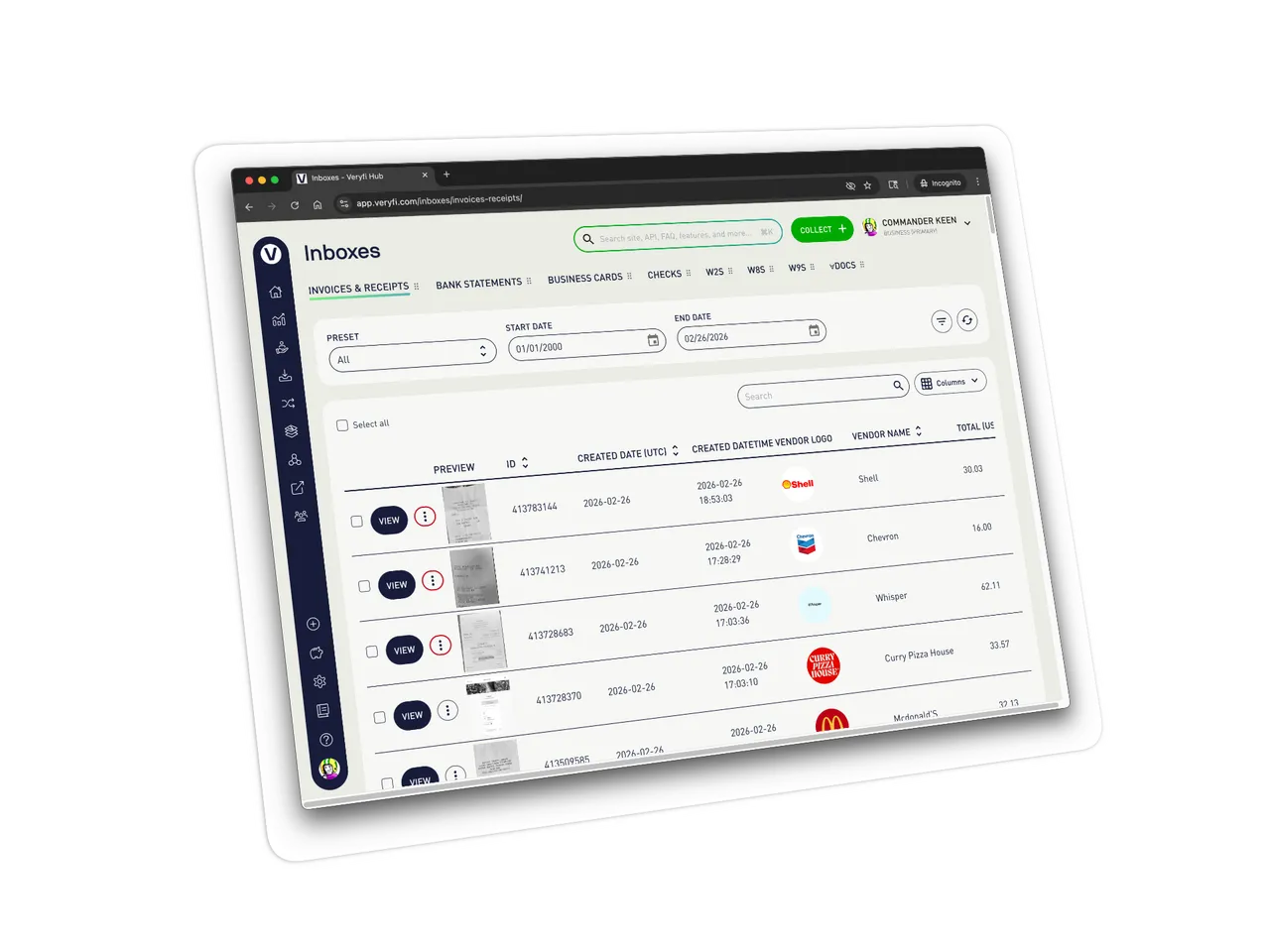 Veryfi Hub document inbox where captured documents arrive for processing