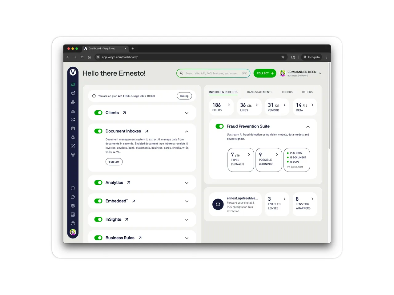 Veryfi Hub dashboard showing document processing activity