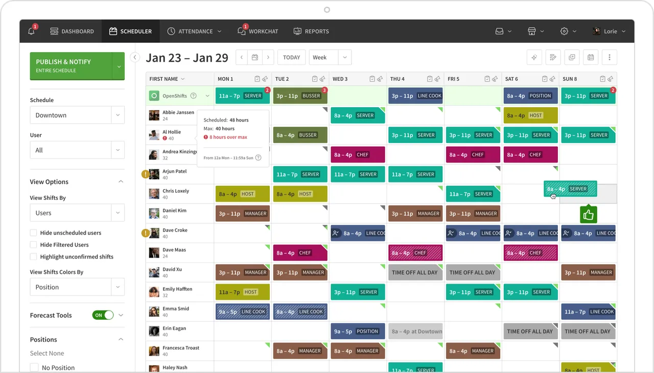 Weekly scheduler grid with shift assignments, positions and an over-max-hours warning