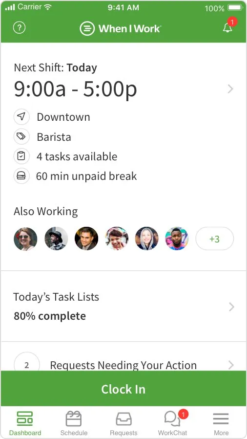 Mobile app dashboard showing next shift, task list and clock-in button