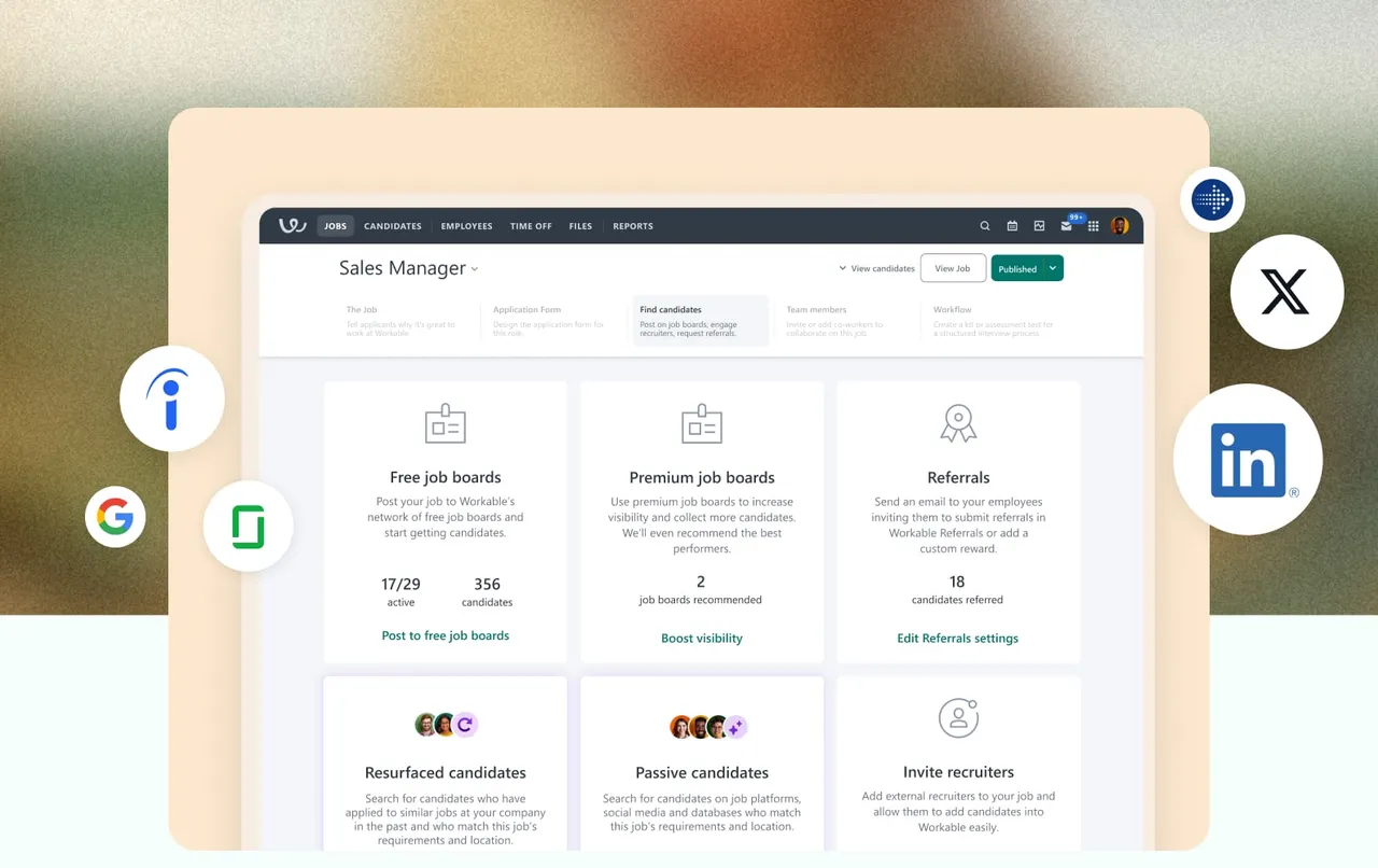 Candidate sourcing suite showing job board, referral and passive-candidate tools
