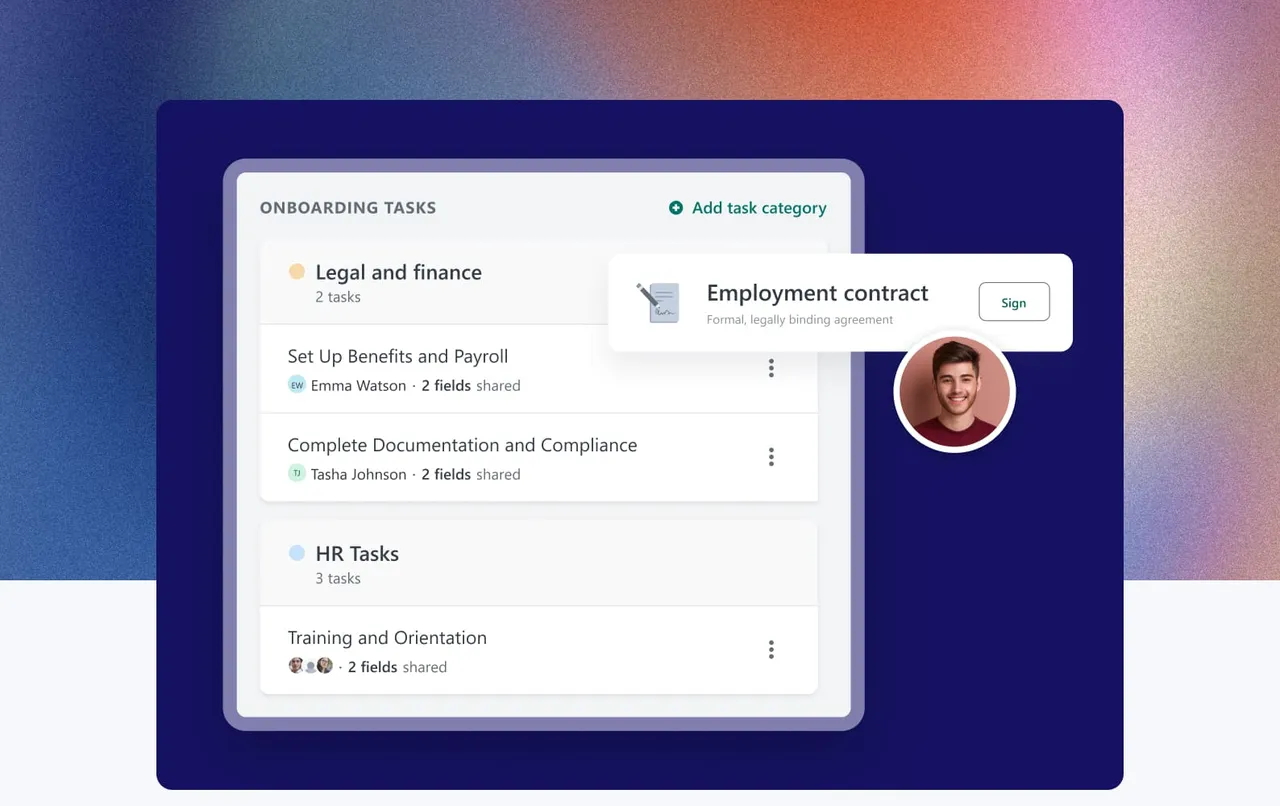 Onboarding task list with e-signature document in the HR information system