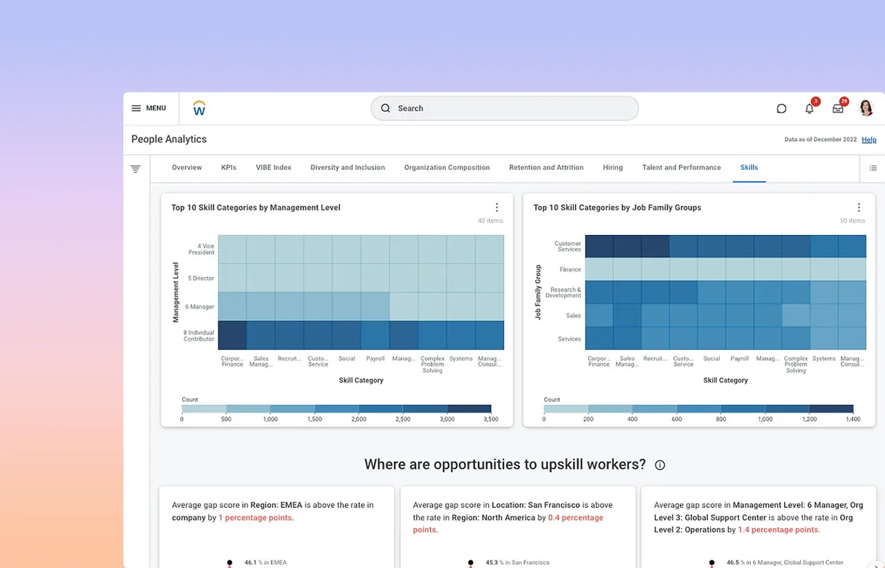 People Analytics dashboard showing top skill categories by management level and job family