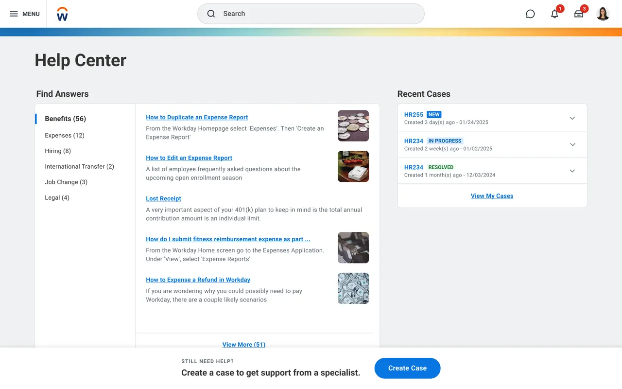 Employee HR Help Center with categorized answers and recent support cases