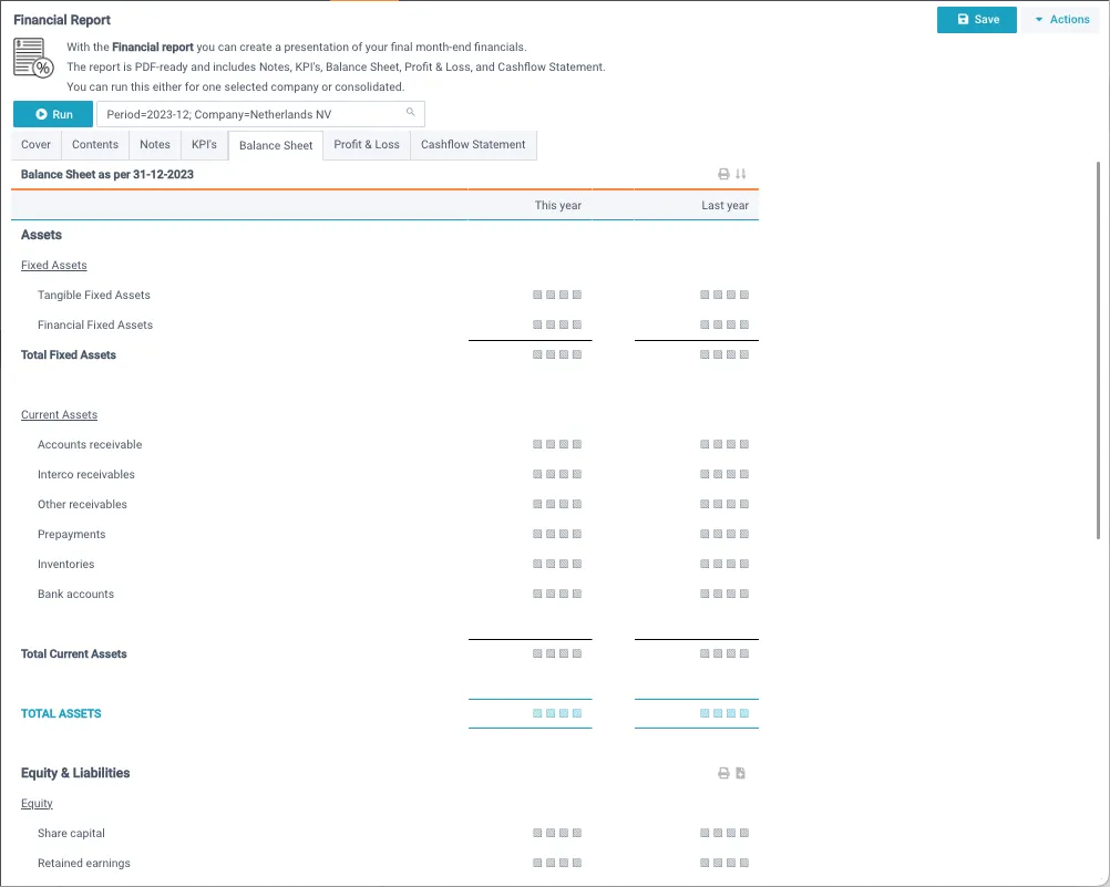 Formatted month-end Balance Sheet report