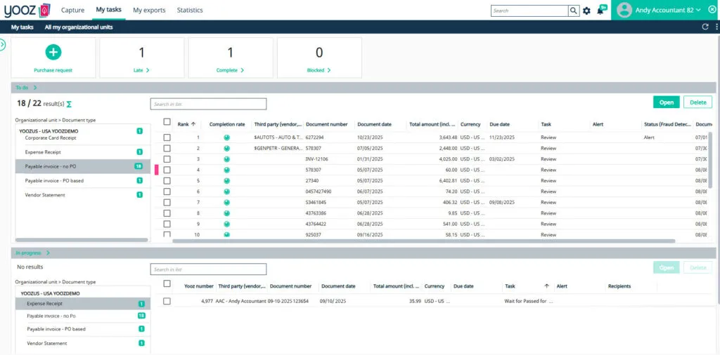 Yooz AP automation invoice processing screen