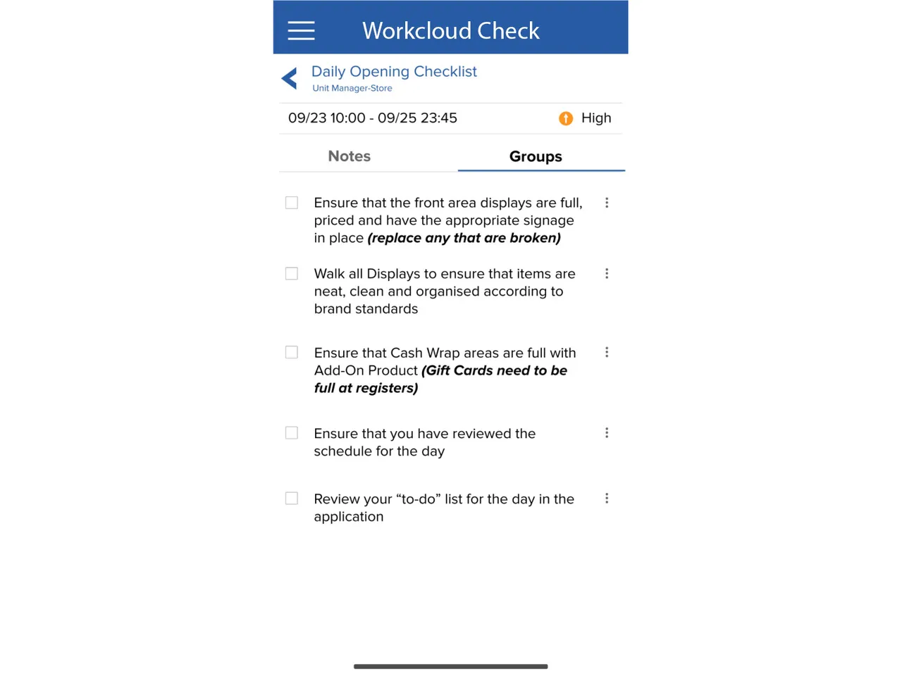 Workcloud Check daily opening checklist on a mobile device