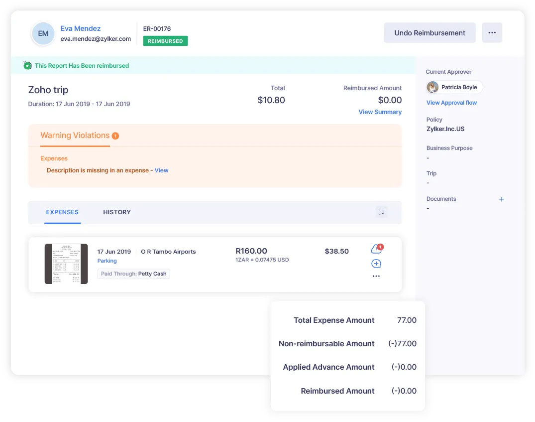 Expense report management screen