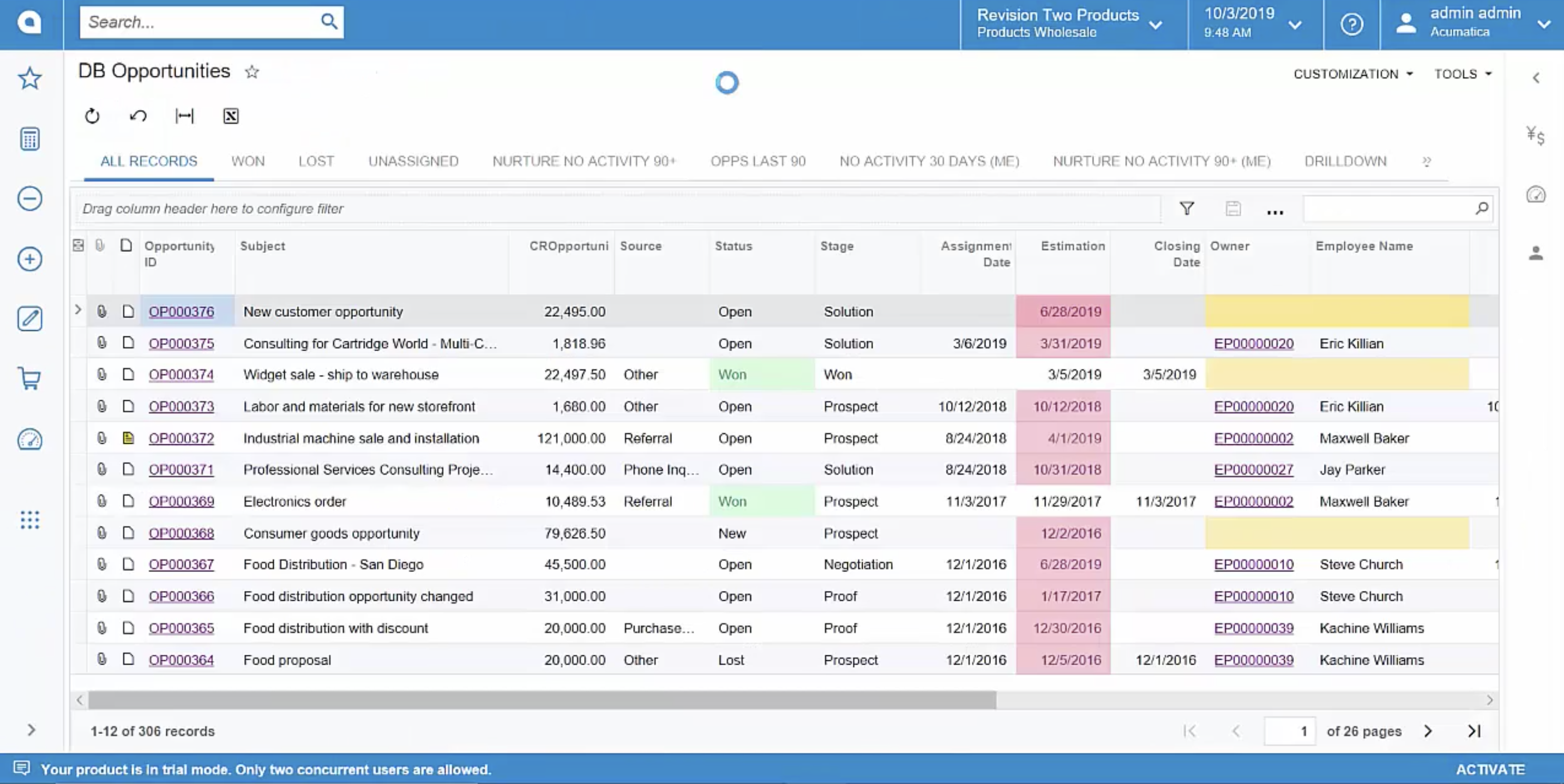 acumatica database CRM opportunities