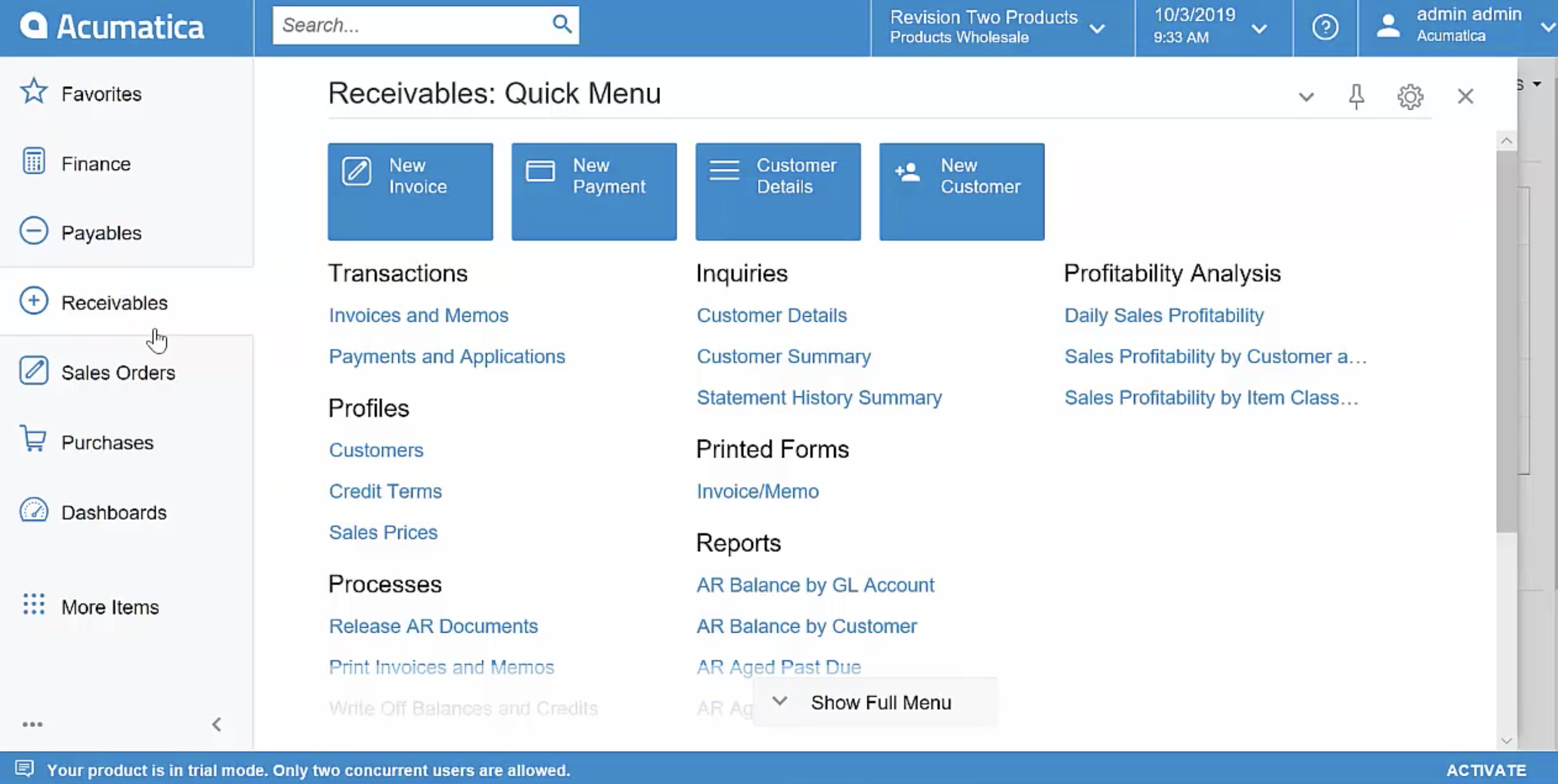 acumatica recievables screenshot