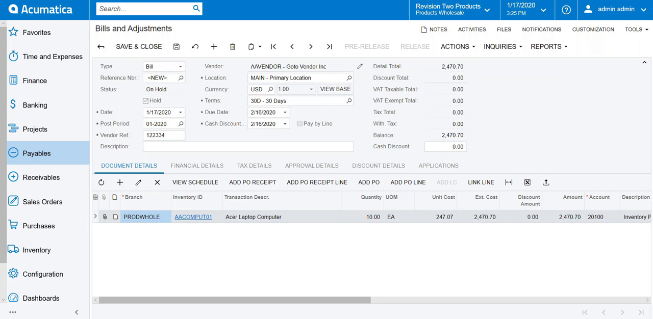 Acumatica Bills and Adjustments screen showing an AP bill linked to a purchase order