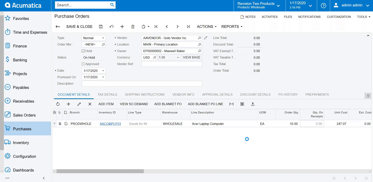 Acumatica Purchase Order entry screen with vendor and line item details