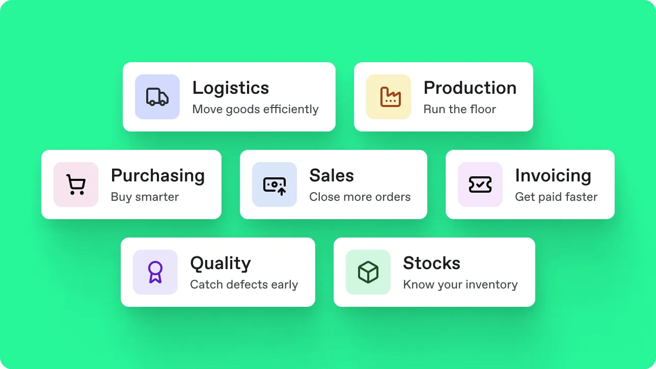 Bonx module overview: logistics, production, purchasing, sales, invoicing, quality and stocks