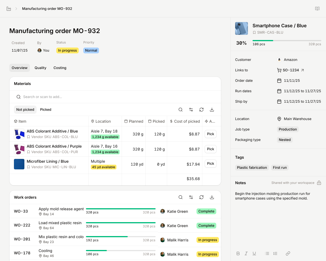 Digit manufacturing order detail showing materials, work orders, and costing