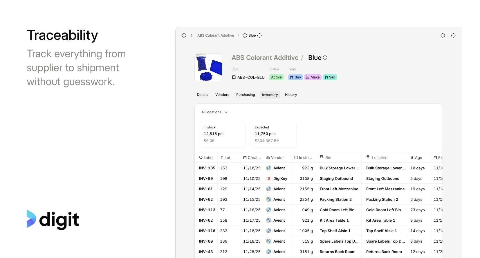 Digit traceability view tracking lots and locations from supplier to shipment