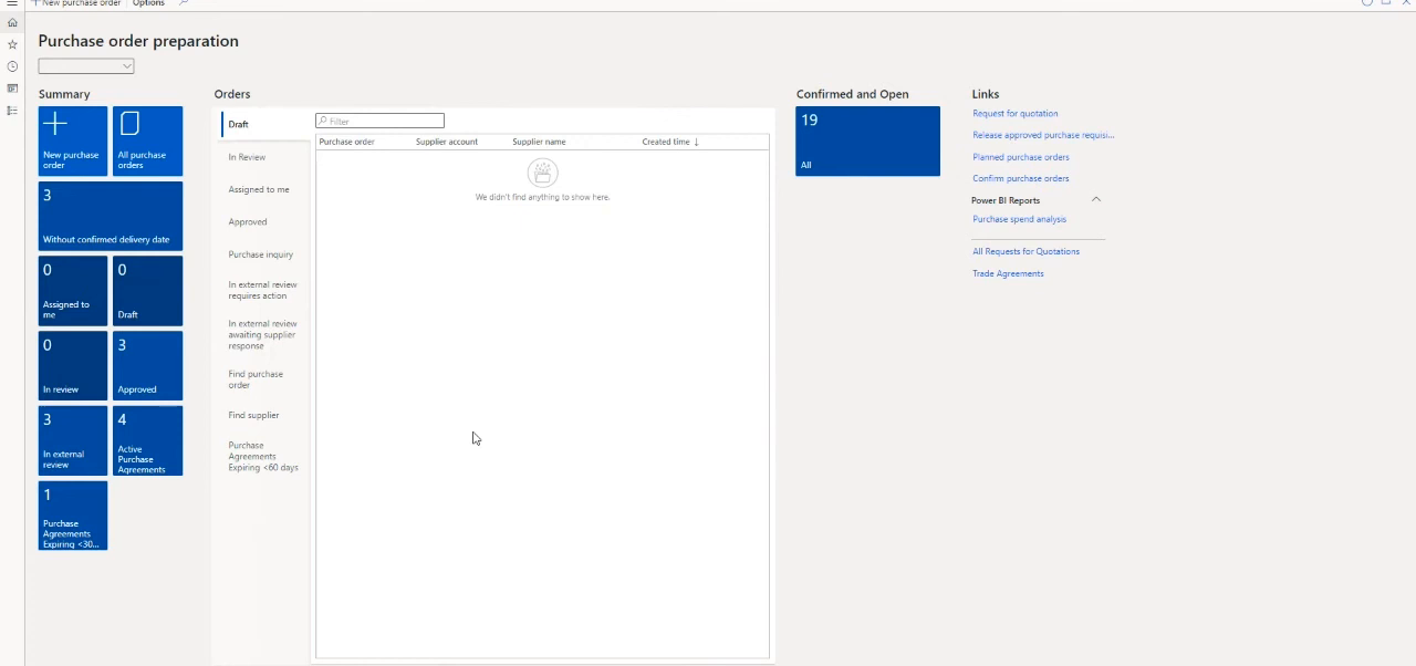 Microsoft Dynamics 365 Finance & Supply Chain Management purchase order preparation workspace dashboard