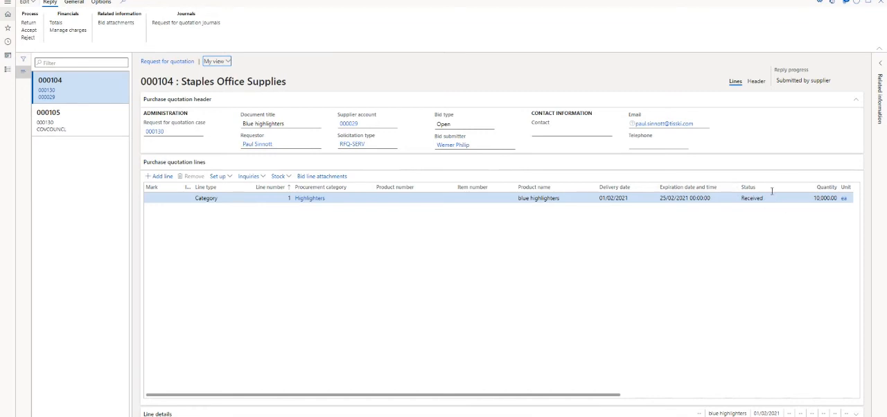 Microsoft Dynamics 365 Finance & Supply Chain Management request for quotation detail with supplier bid lines