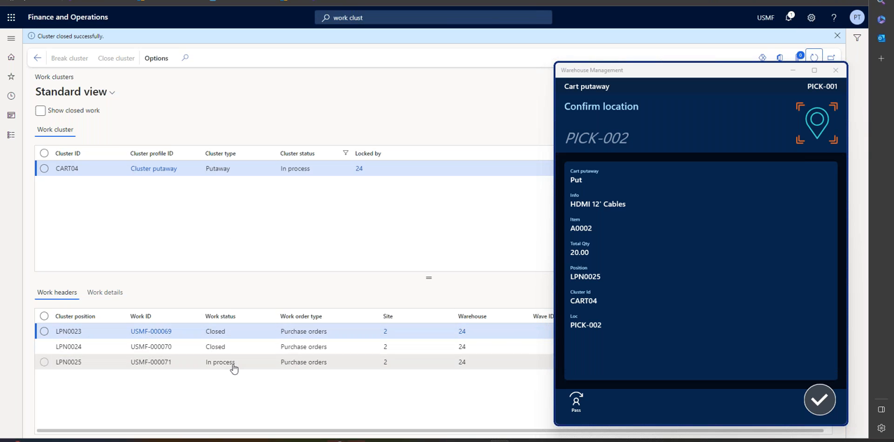 Dynamics 365 Warehouse Management work clusters with mobile cart putaway confirmation screen