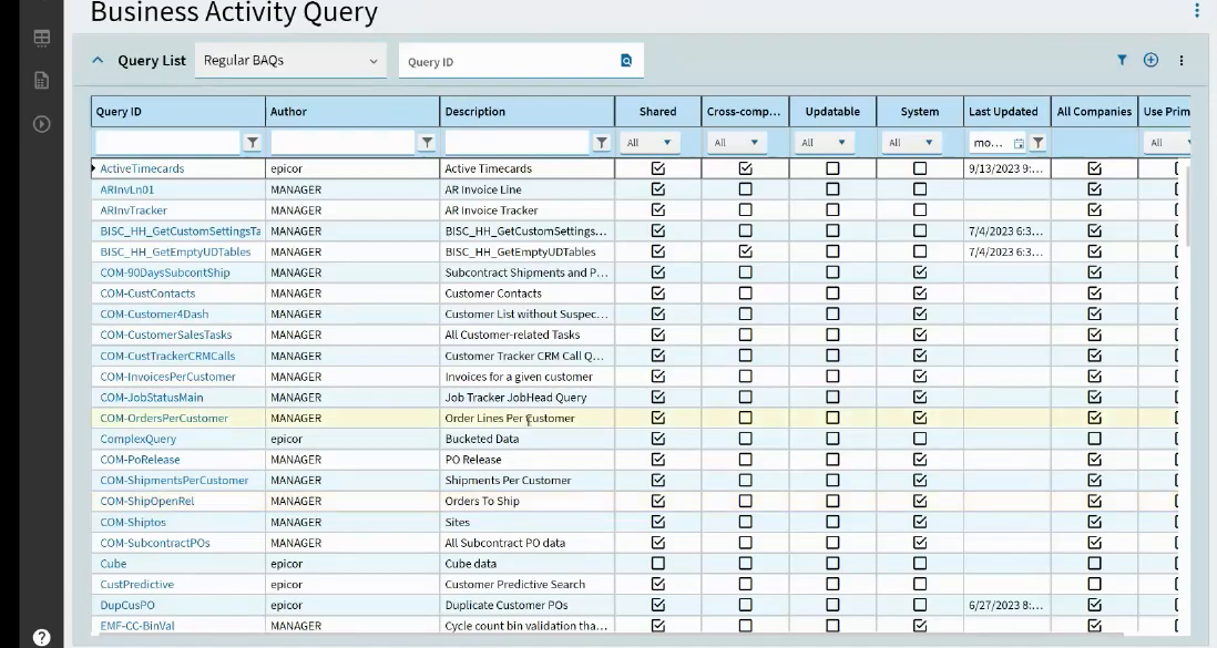 Epicor Kinetic Business Activity Query list showing query IDs, authors, and sharing settings for custom BAQs