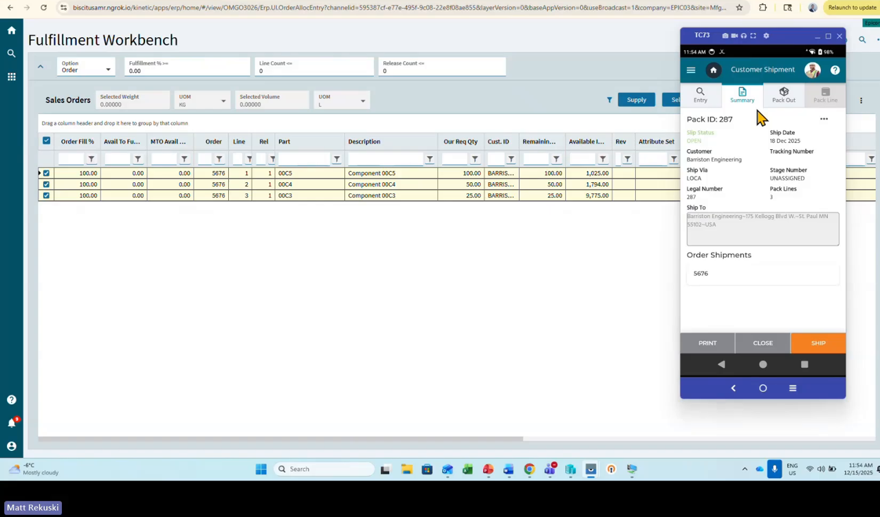 Epicor Kinetic mobile customer shipment pack-out screen showing pack ID and ship-to details