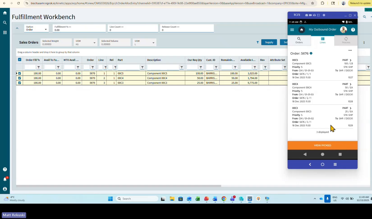 Epicor Kinetic fulfillment workbench with mobile outbound order picking screen for a sales order