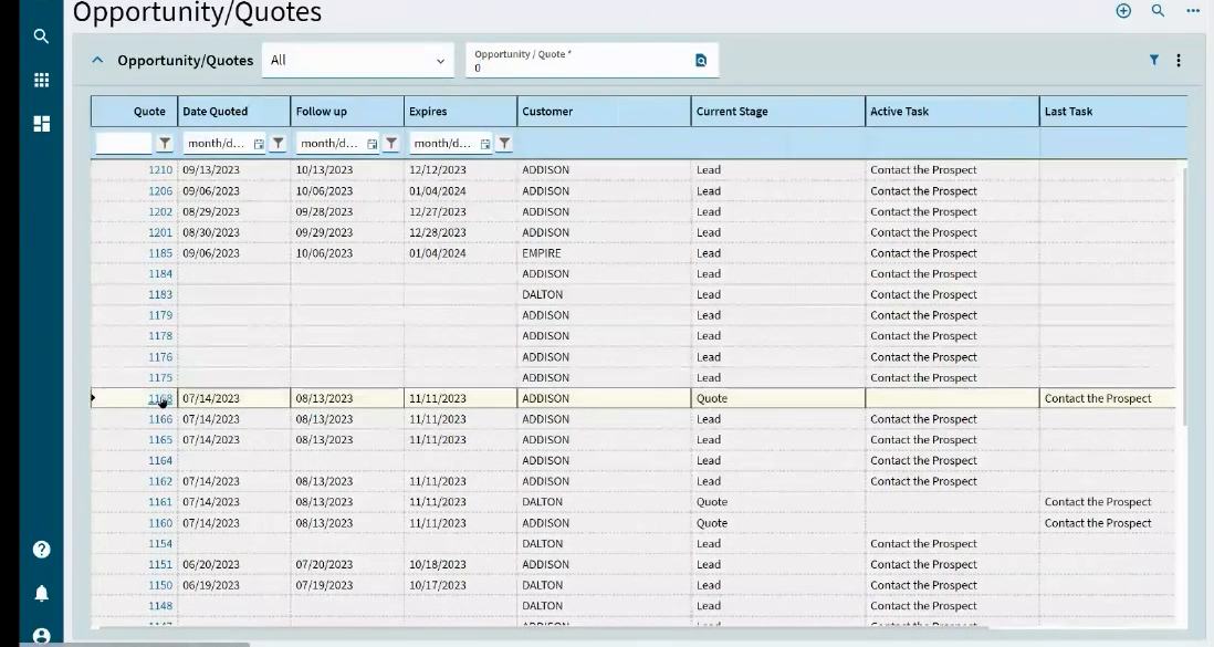 Epicor Kinetic Opportunity/Quotes grid listing quote numbers, customers, current stage, and active tasks